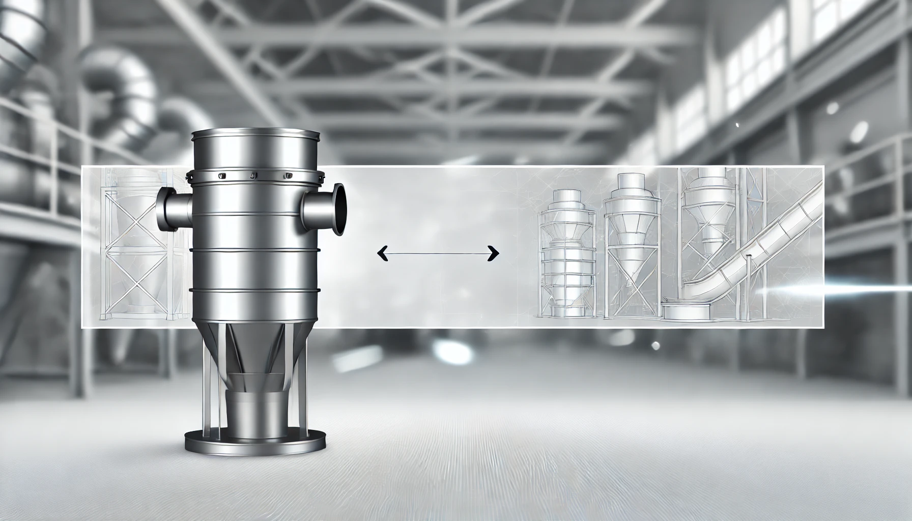 DALL·E 2024-10-02 08.57.17 – A high-quality, modern web slider image showcasing a cyclone separator in a clean industrial setting. The cyclone separator should be sleek, metallic,